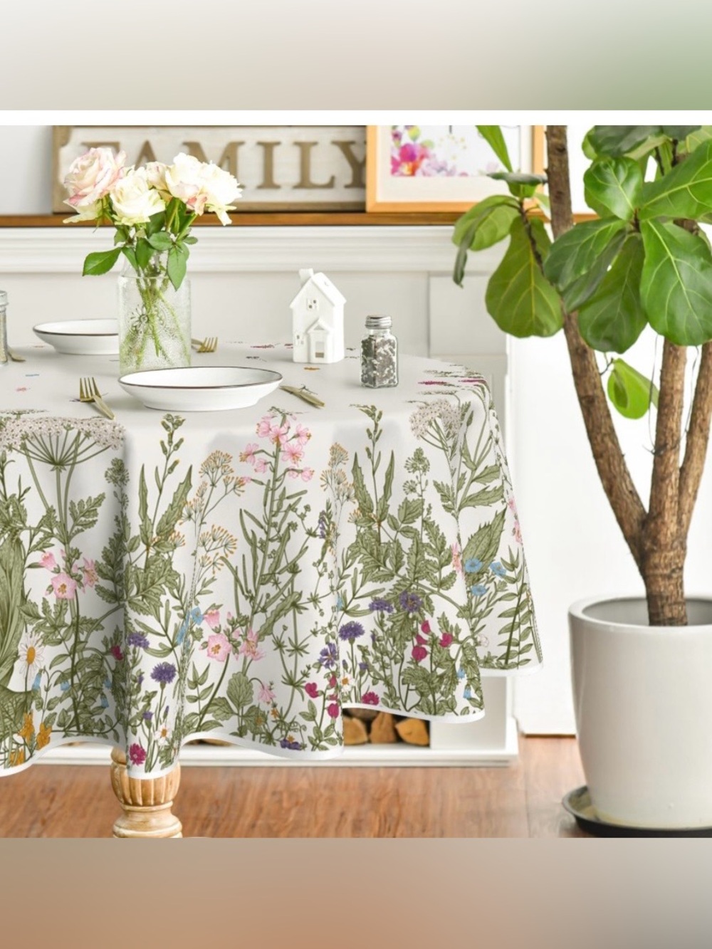 Wildflowers Summer Tablecloth 70” Round BEIGE
